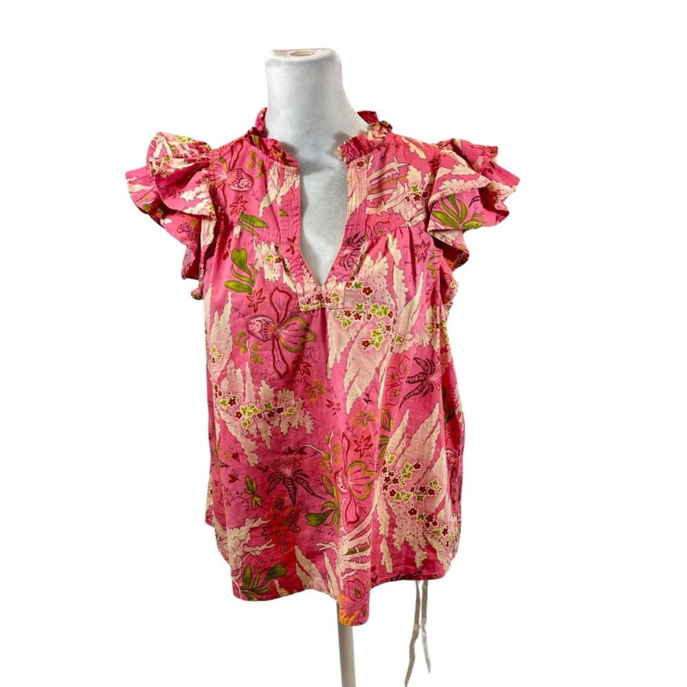 Jennifer & Grace Ladies Pink Floral Ruffle Sleeve Blouse Size Small